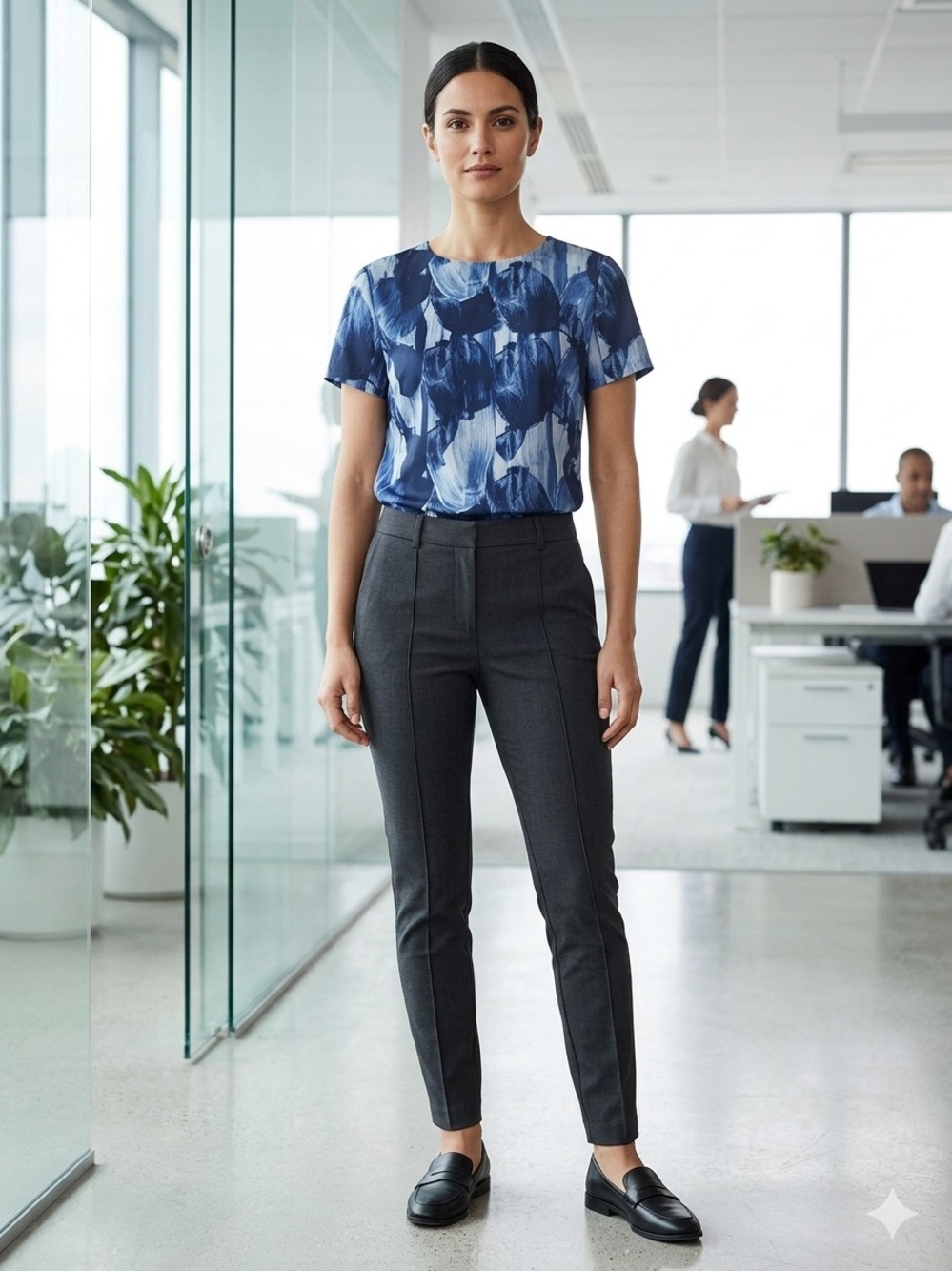 H&M Modern Classic Blue Abstract Brushstroke Blouse Size 4 EUC